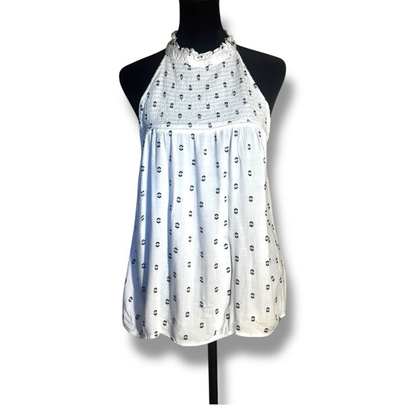 Alya Tops - Alya Chic White with Black Pattern High Neck Keyhole Cutout Back Halter Neck Top